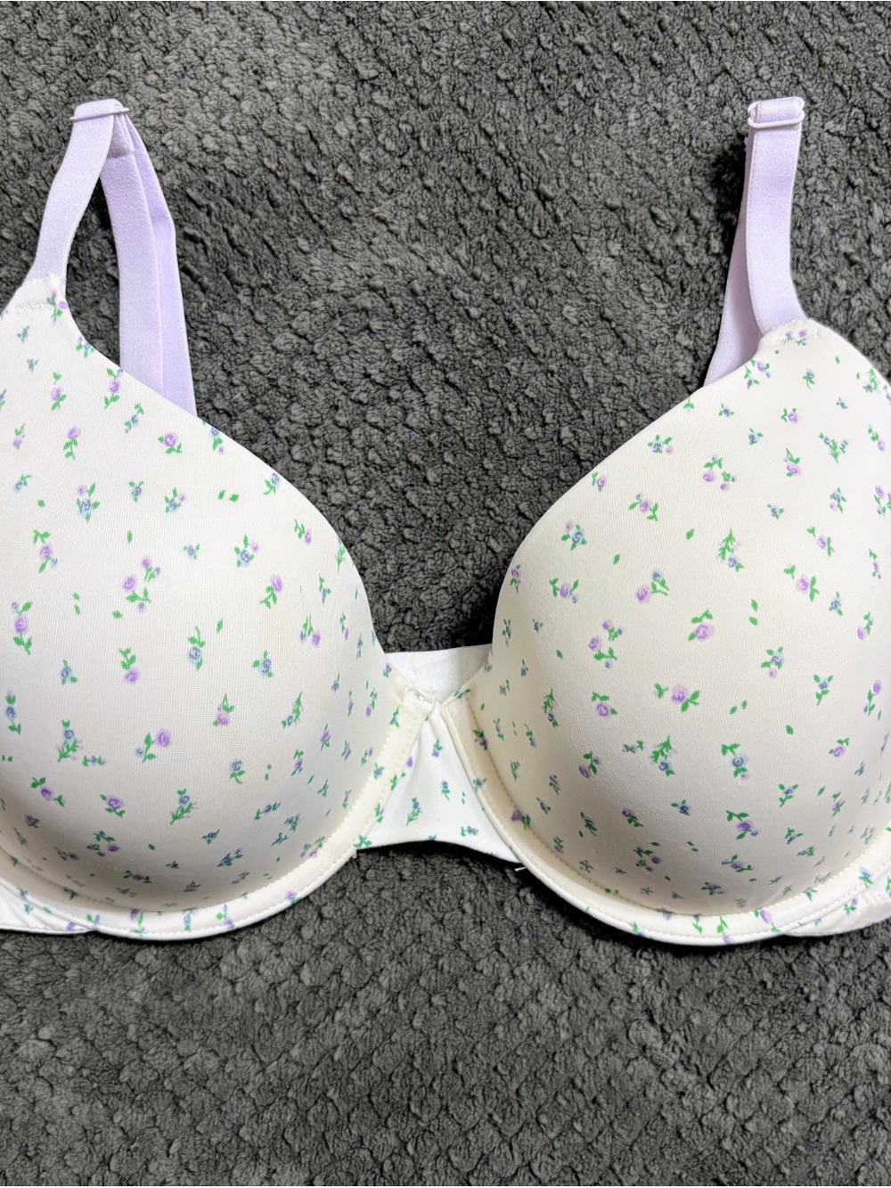 Victoria's Secret Cream Bra with Lavender Straps and Tiny Purple Floral Print